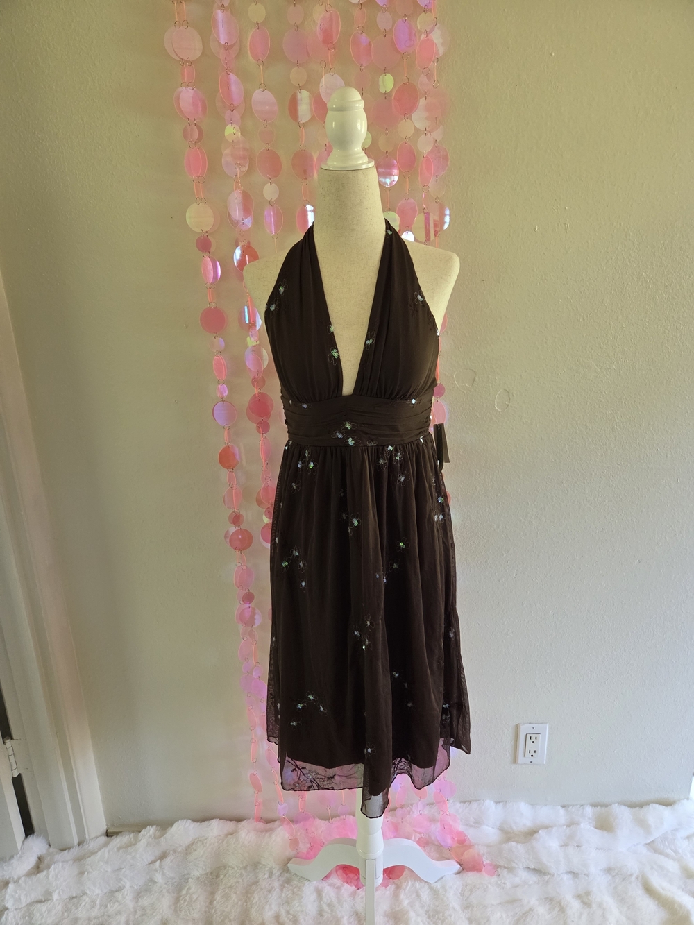 Johnny Martin Brown Halter Midi Dress with Sequin Accents